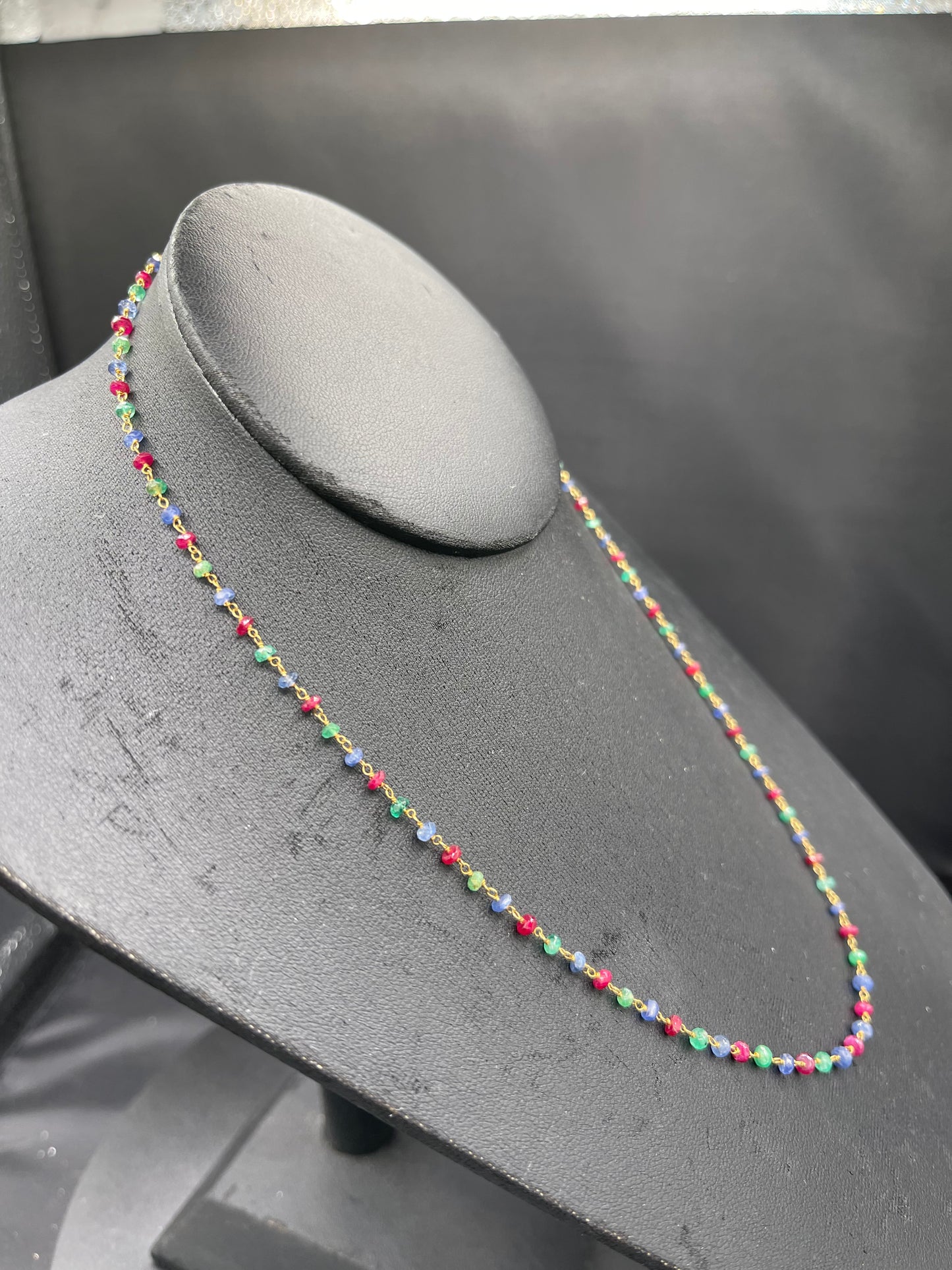 Faceted Ruby Emerald & Sapphire 18K Handmade Necklace (18 Inches)