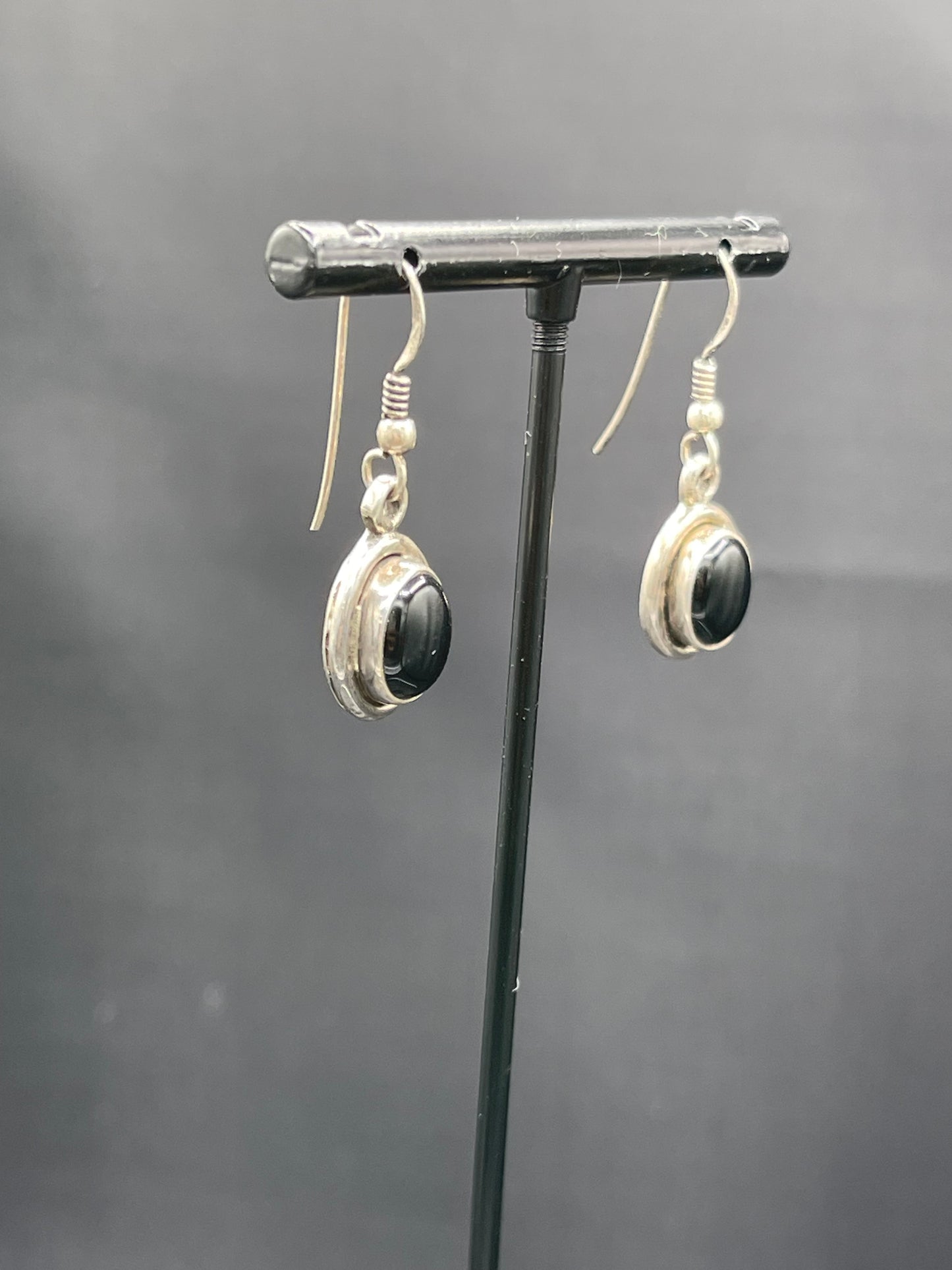 Vintage Natural Black Onyx Sterling Silver Dangle Earrings