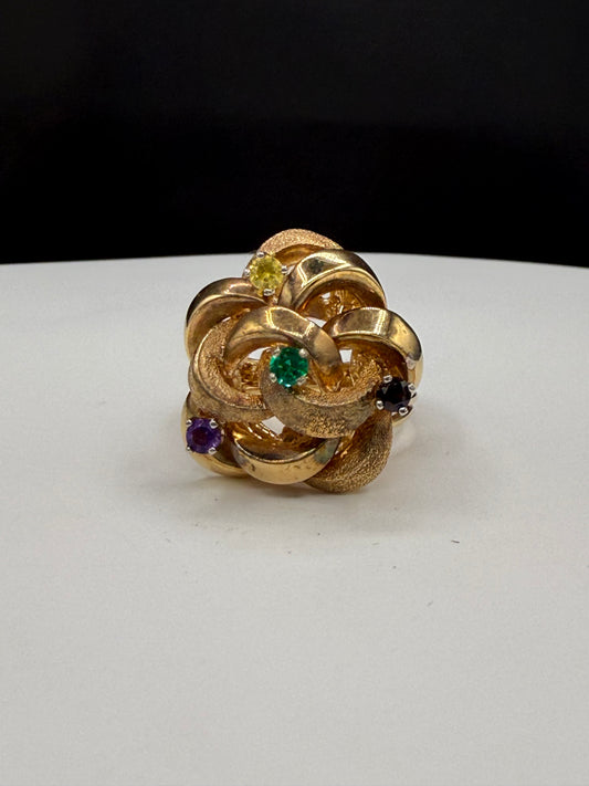 Signed Dankner 14K Gold Textures & Polished Knot Vintage Multi Color Gemstone Ring (Size 7.5)