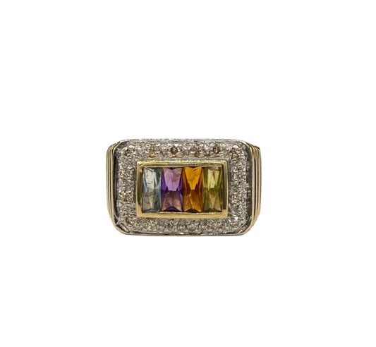 Vintage 14K Yellow Gold Men’s Multi-Gemstone & Diamond Halo Ring – Size 7.75