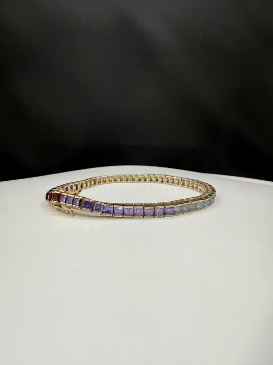 Vintage Sterling Silver Princess Cut Multi-Gemstone Tennis Bracelet | Amethyst, Topaz, Garnet, Peridot, Citrine | 7.5” |