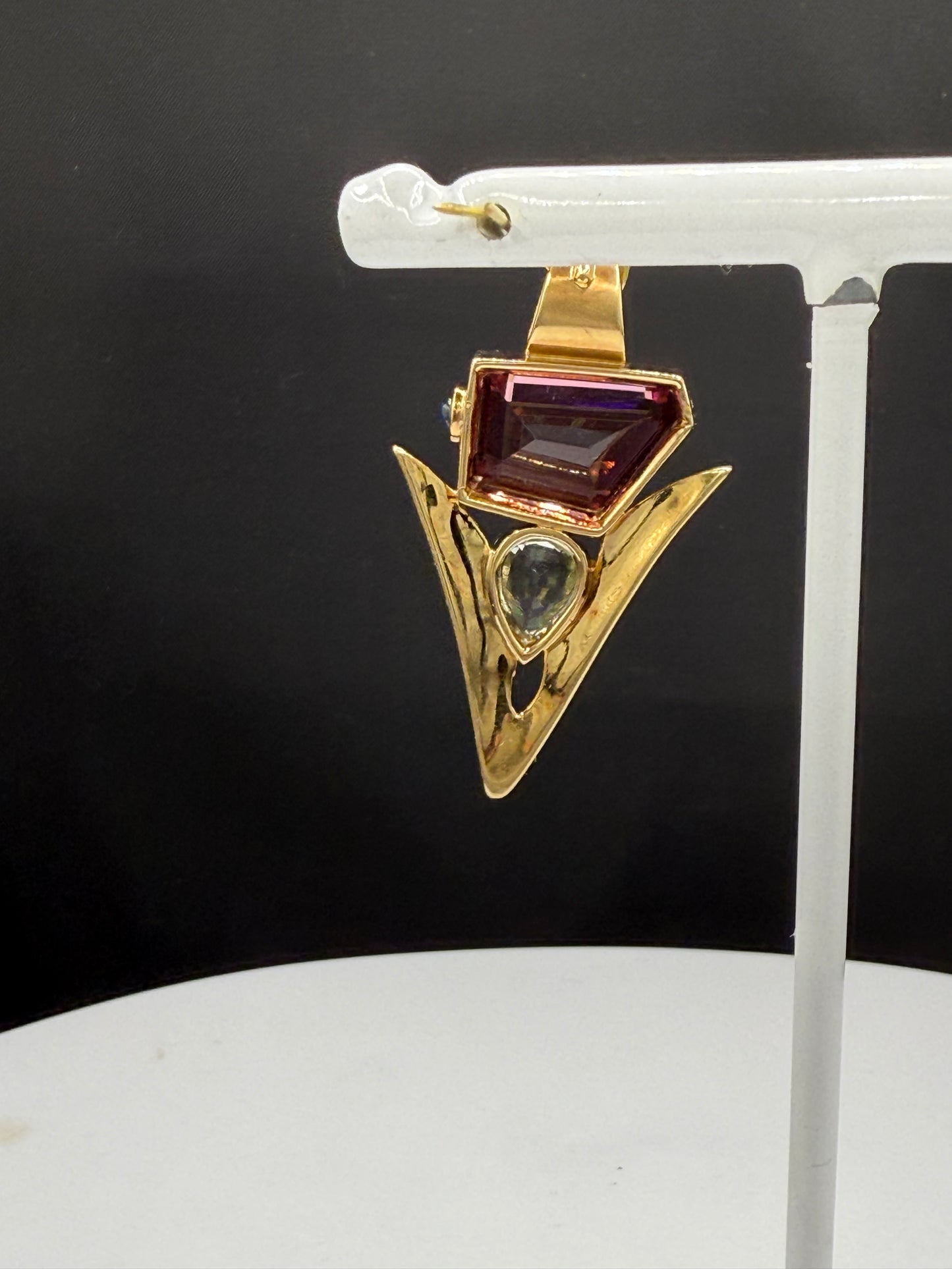 Natural Rubellite Tourmaline & Aquamarine 18K Yellow Gold Shark Tooth Pendant