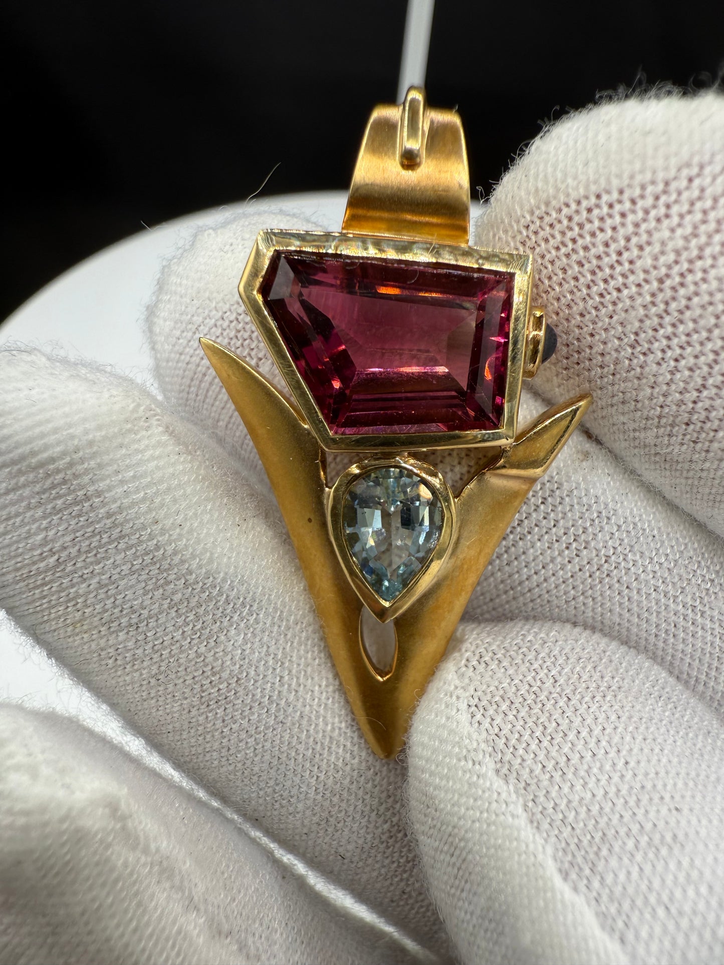 Natural Rubellite Tourmaline & Aquamarine 18K Yellow Gold Shark Tooth Pendant