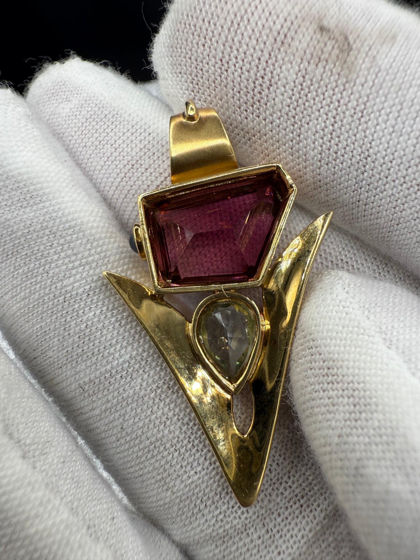 Natural Rubellite Tourmaline & Aquamarine 18K Yellow Gold Shark Tooth Pendant