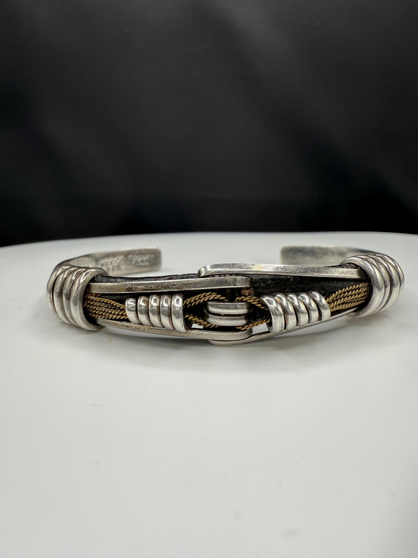 Handmade Sterling Silver & Leather Men’s Cuff Bracelet | Solid 925 Mexico | 34.3g Heavyweight Vintage Biker Jewelry