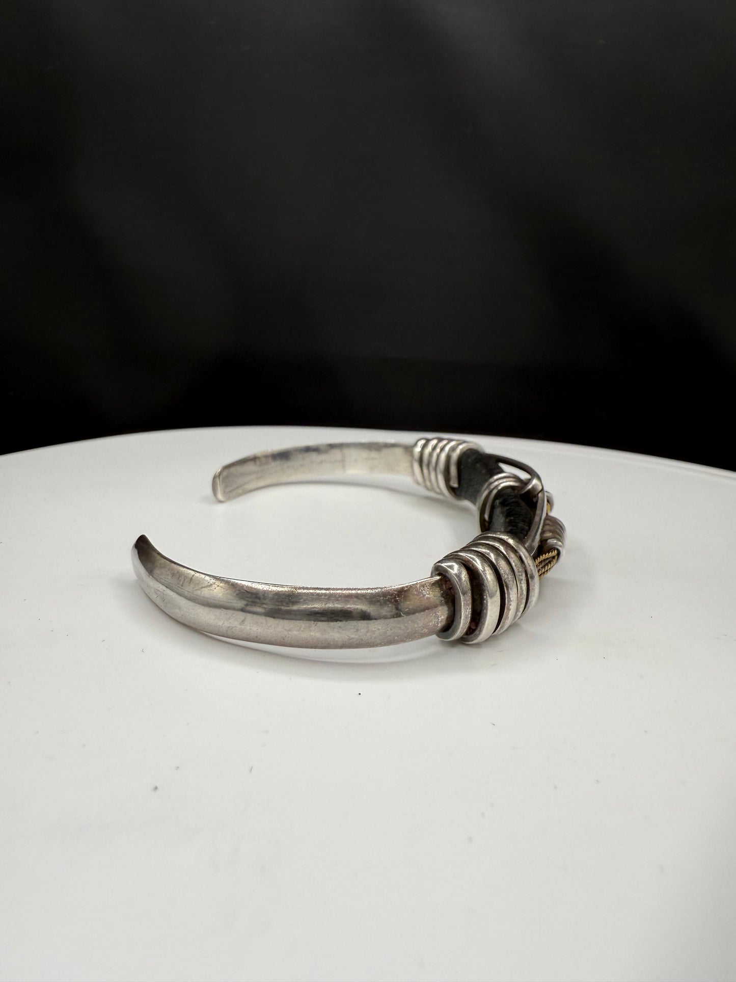 Handmade Sterling Silver & Leather Men’s Cuff Bracelet | Solid 925 Mexico | 34.3g Heavyweight Vintage Biker Jewelry