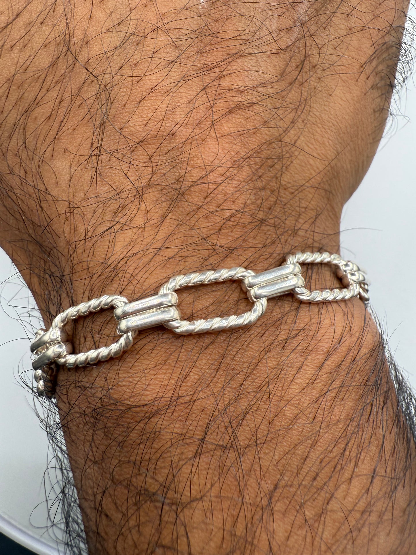 Vintage Solid Sterling Silver Rope Rectangle Link Bracelet | 17g | 8” Unisex S-Hook 925 Chain