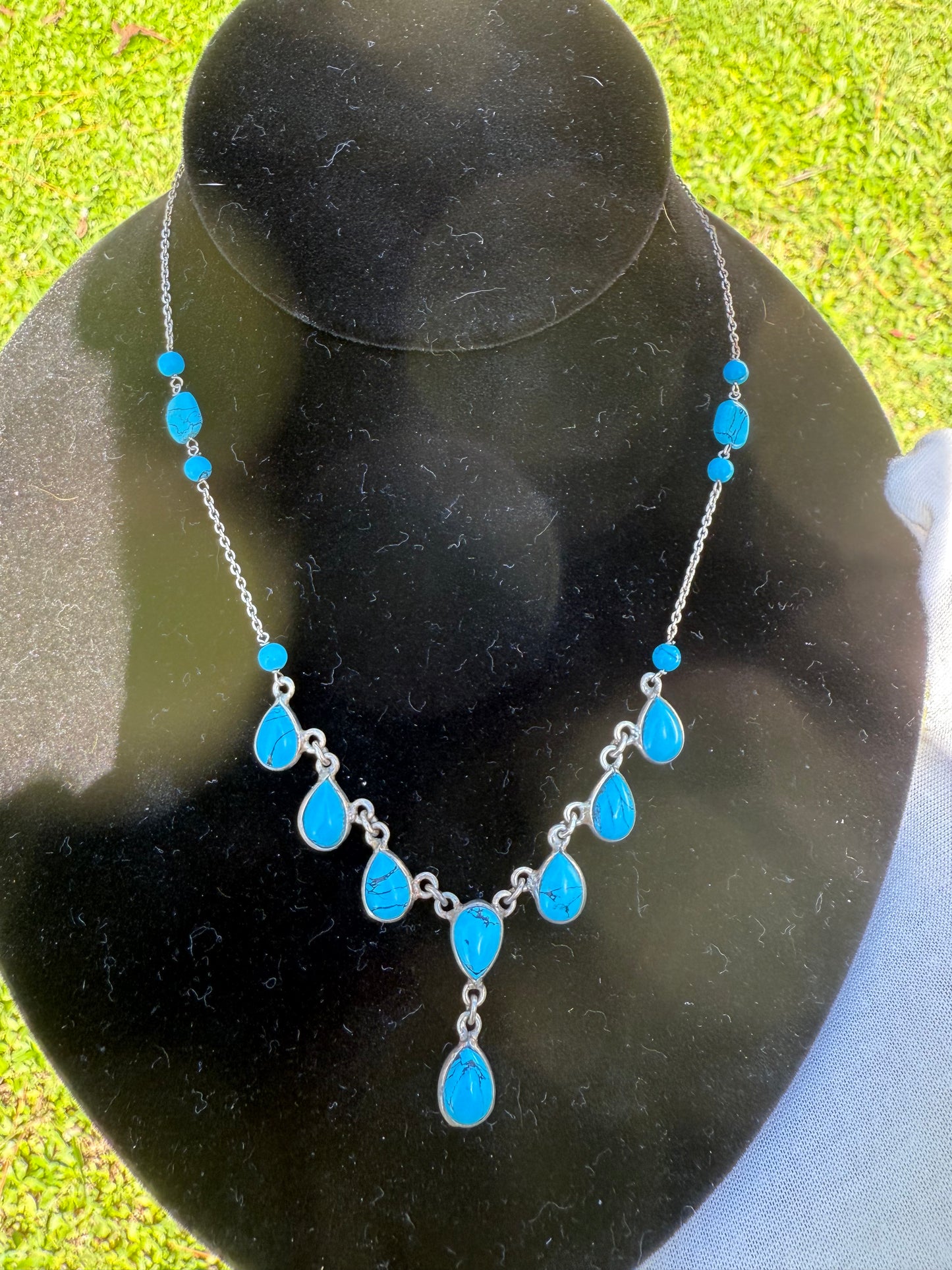 Natural Turquoise & Sterling Silver Bib Necklace | 15.5 inches