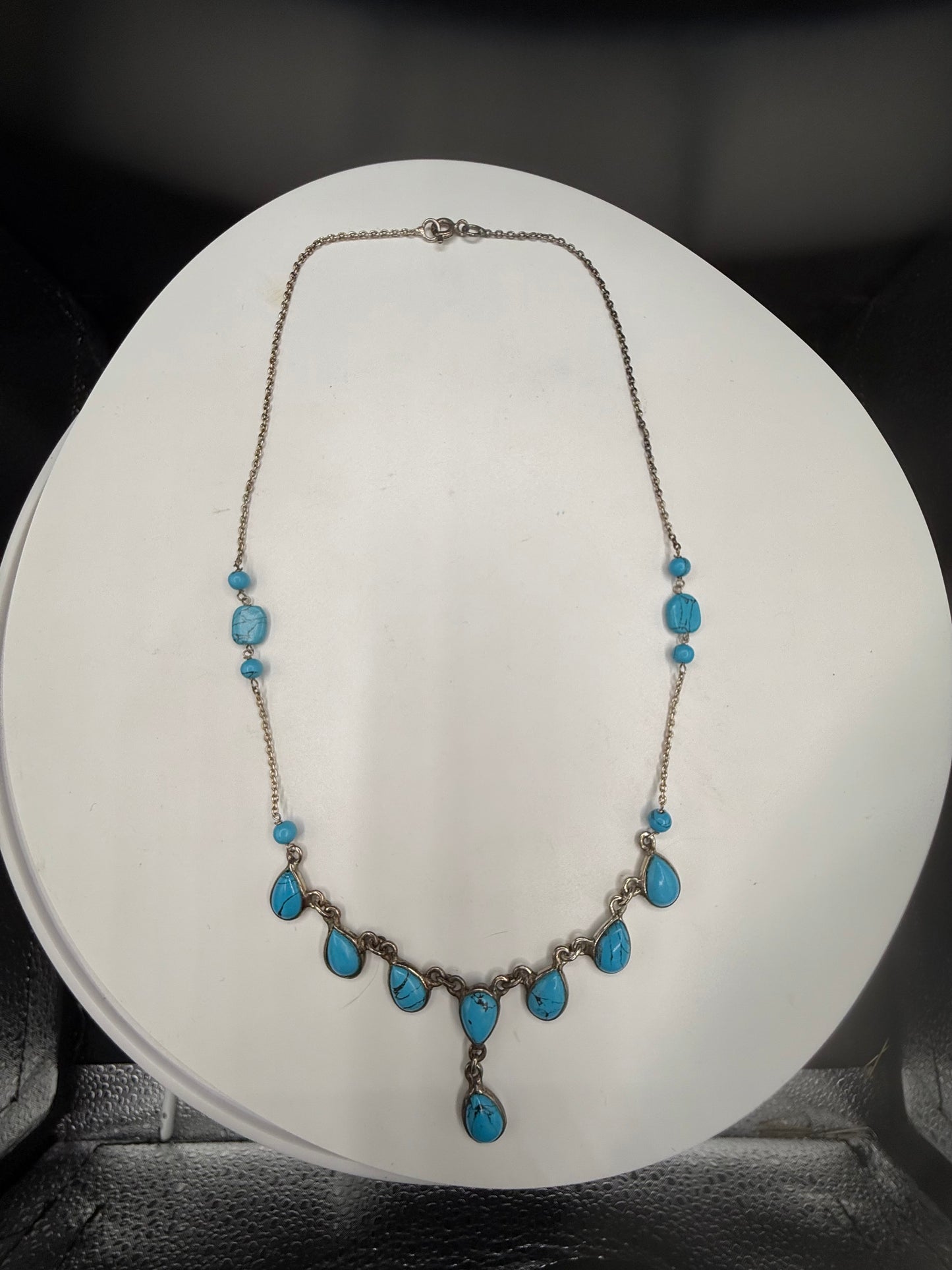 Natural Turquoise & Sterling Silver Bib Necklace | 15.5 inches