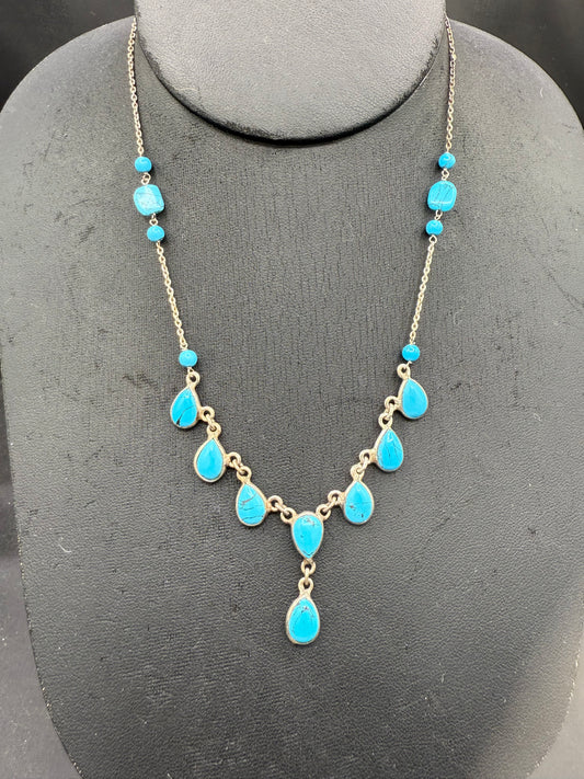 Natural Turquoise & Sterling Silver Bib Necklace | 15.5 inches