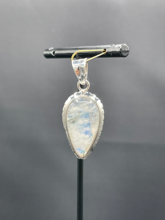 Natural Rainbow Moonstone Pear Cut Sterling Silver Pendant