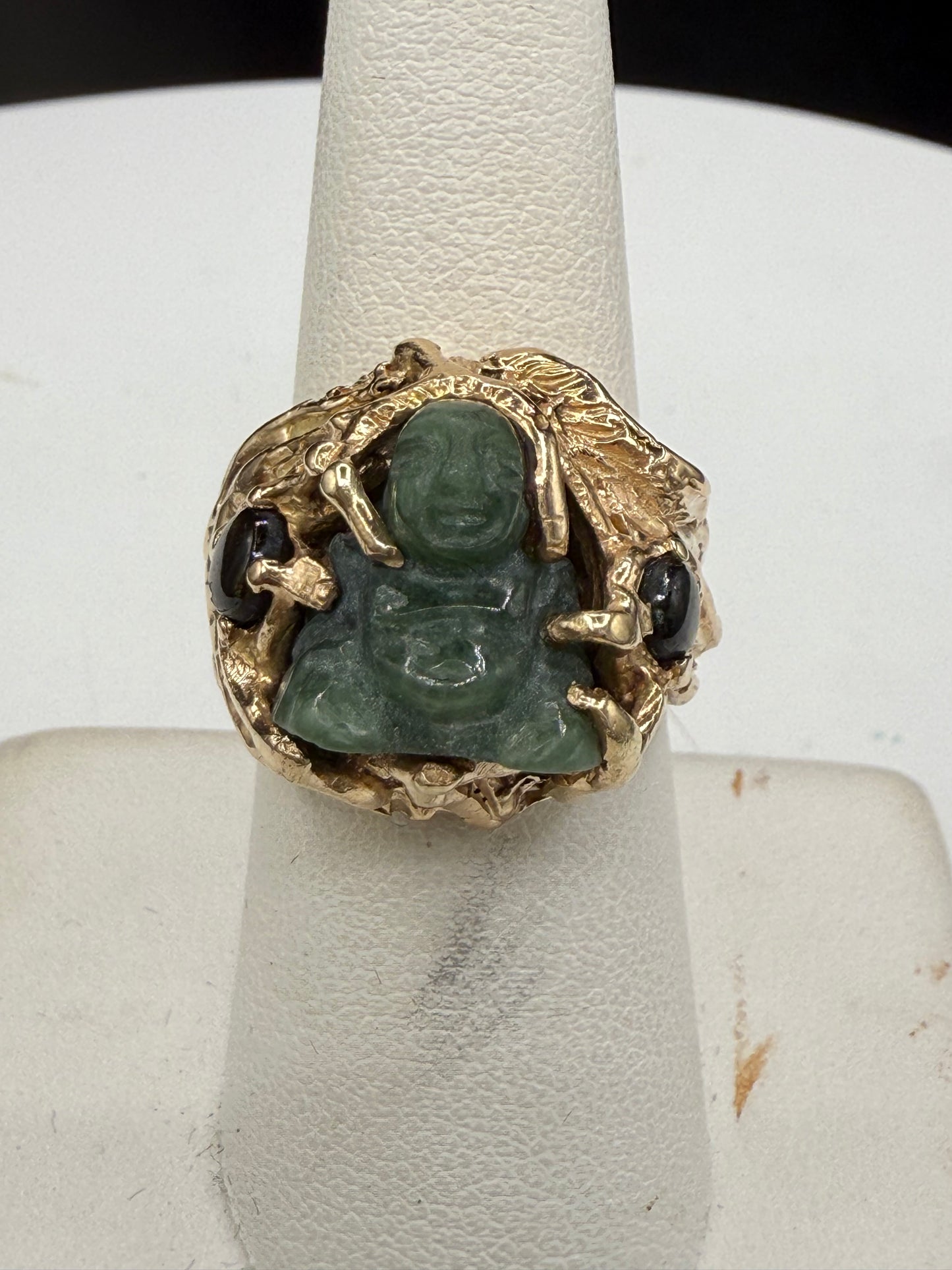 Vintage Natural Jade Buddha & Black Star Sapphire 14K Gold Ring - Size 7.25