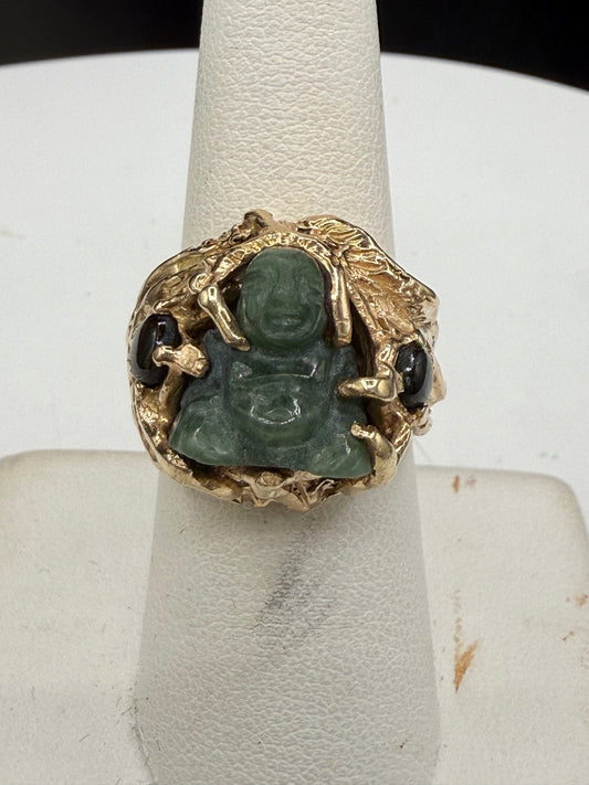 Vintage Natural Jade Buddha & Black Star Sapphire 14K Gold Ring - Size 7.25