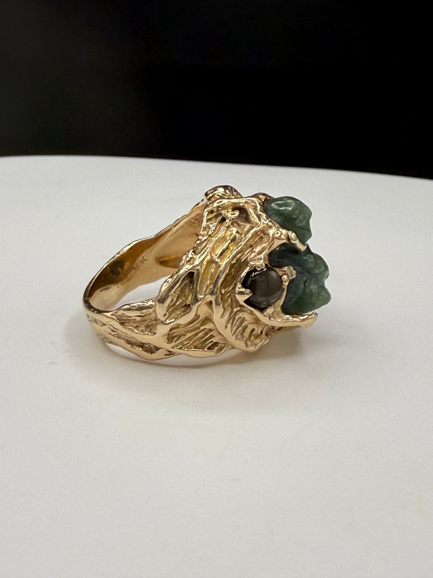 Vintage Natural Jade Buddha & Black Star Sapphire 14K Gold Ring - Size 7.25