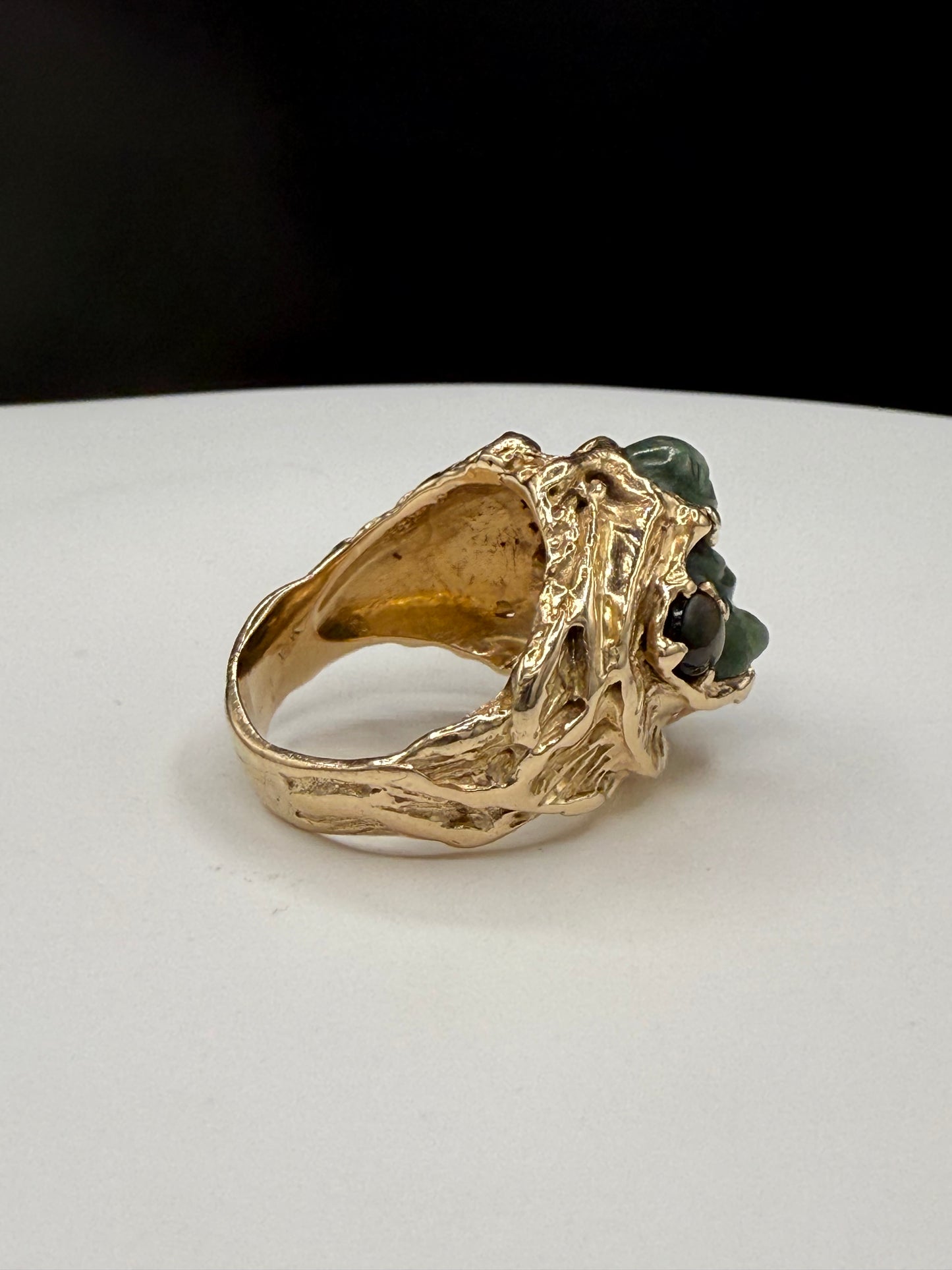 Vintage Natural Jade Buddha & Black Star Sapphire 14K Gold Ring - Size 7.25