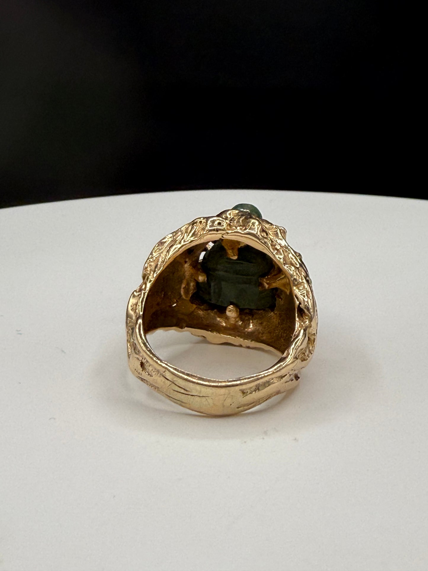 Vintage Natural Jade Buddha & Black Star Sapphire 14K Gold Ring - Size 7.25