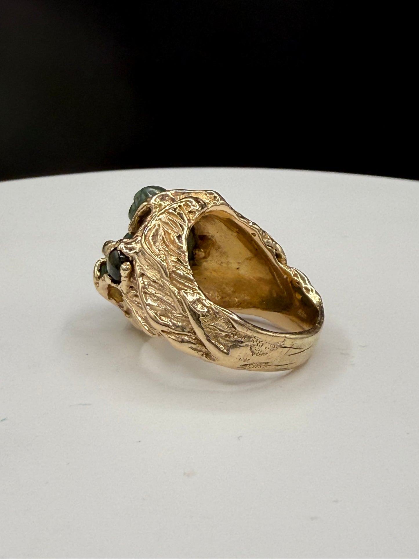 Vintage Natural Jade Buddha & Black Star Sapphire 14K Gold Ring - Size 7.25
