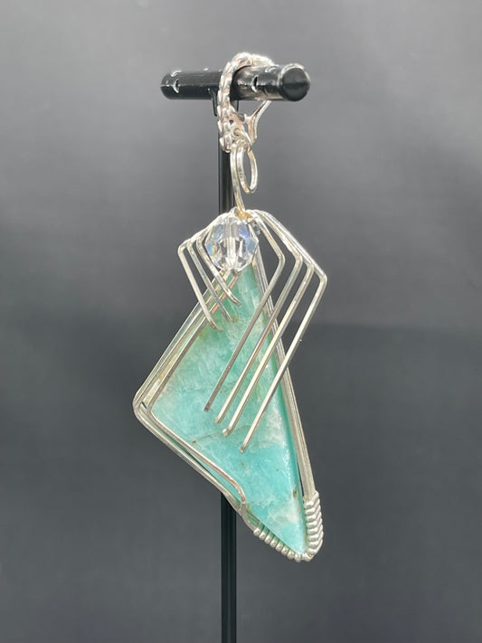 Natural Larimar & Swarovski Crystal Sterling Silver Wire Wrapped Pendant