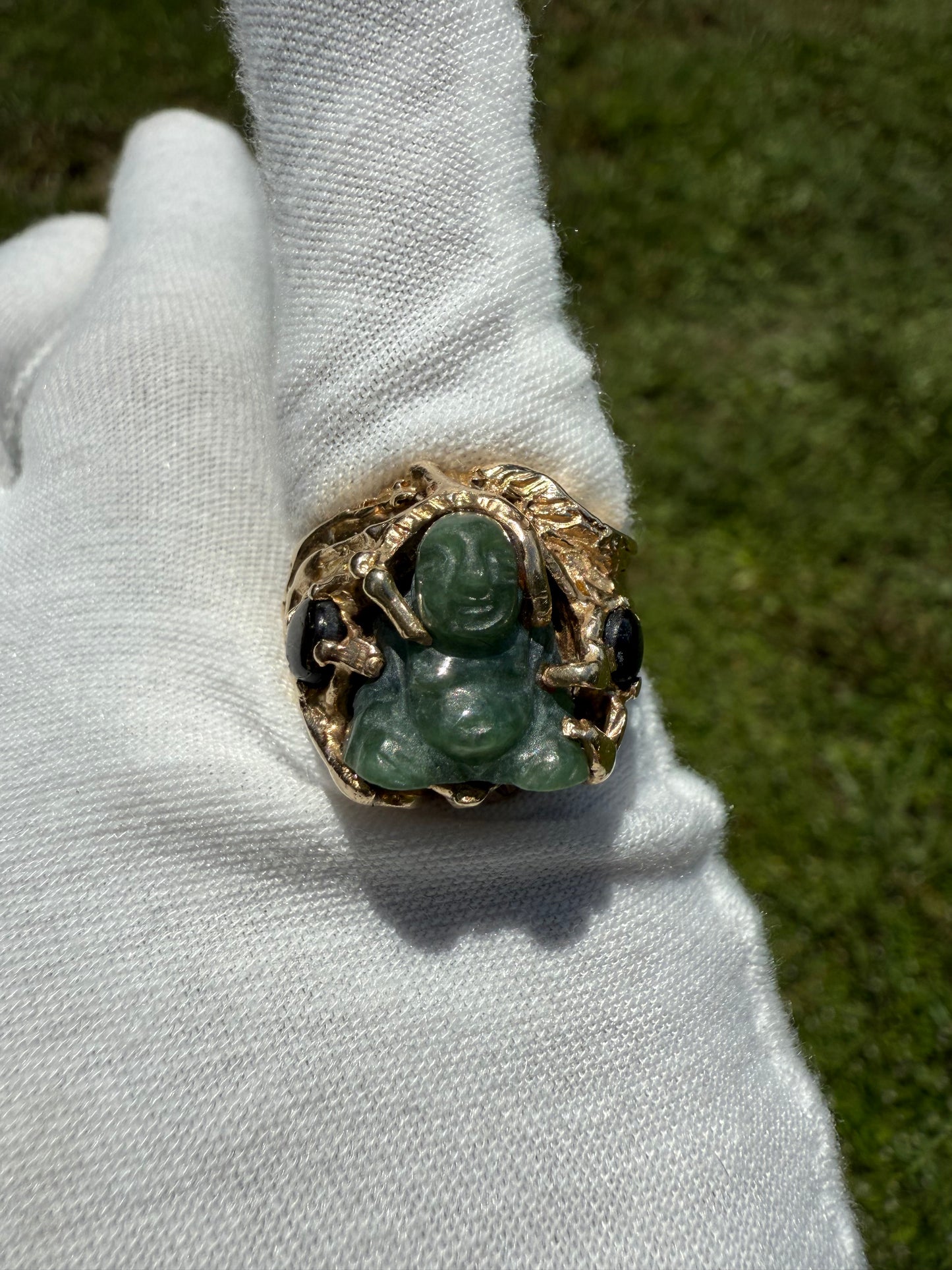 Vintage Natural Jade Buddha & Black Star Sapphire 14K Gold Ring - Size 7.25