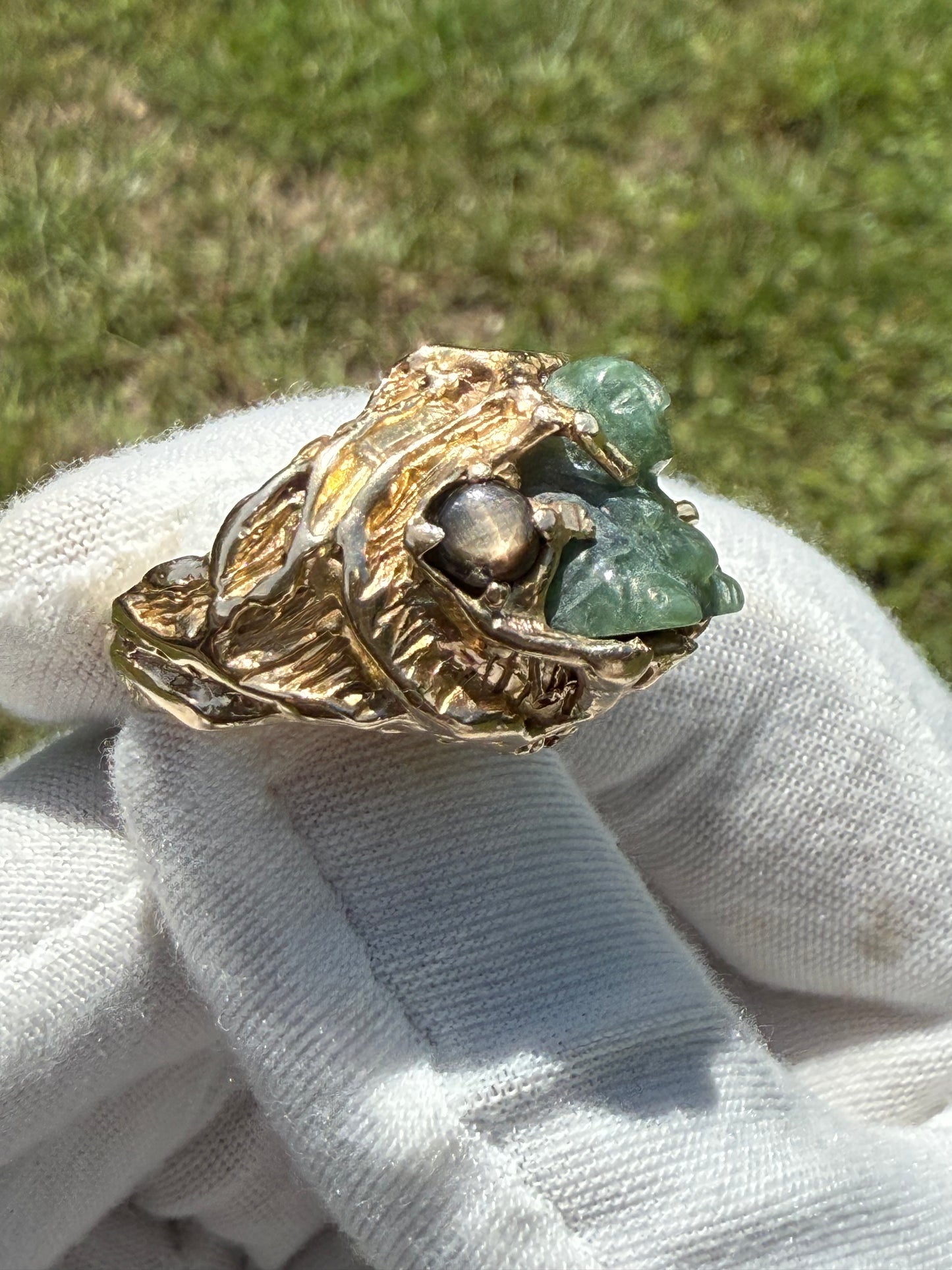 Vintage Natural Jade Buddha & Black Star Sapphire 14K Gold Ring - Size 7.25