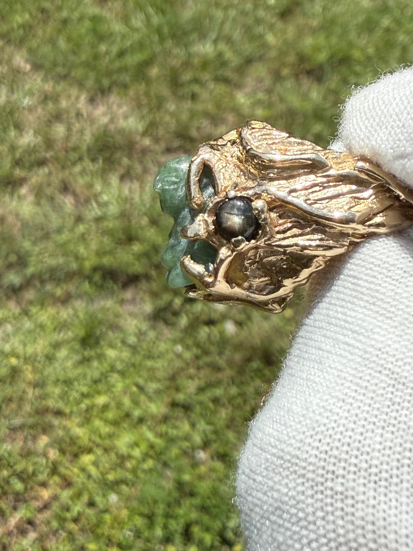Vintage Natural Jade Buddha & Black Star Sapphire 14K Gold Ring - Size 7.25