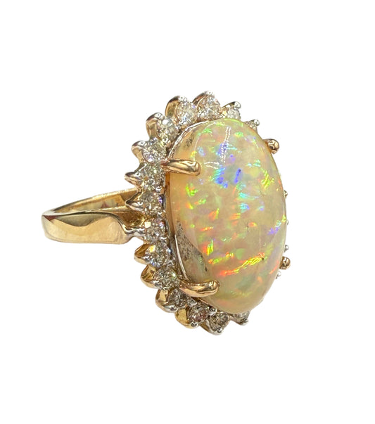Natural Ethiopian Opal & Diamond Halo 14k Yellow Gold Ring (Size 8.25)