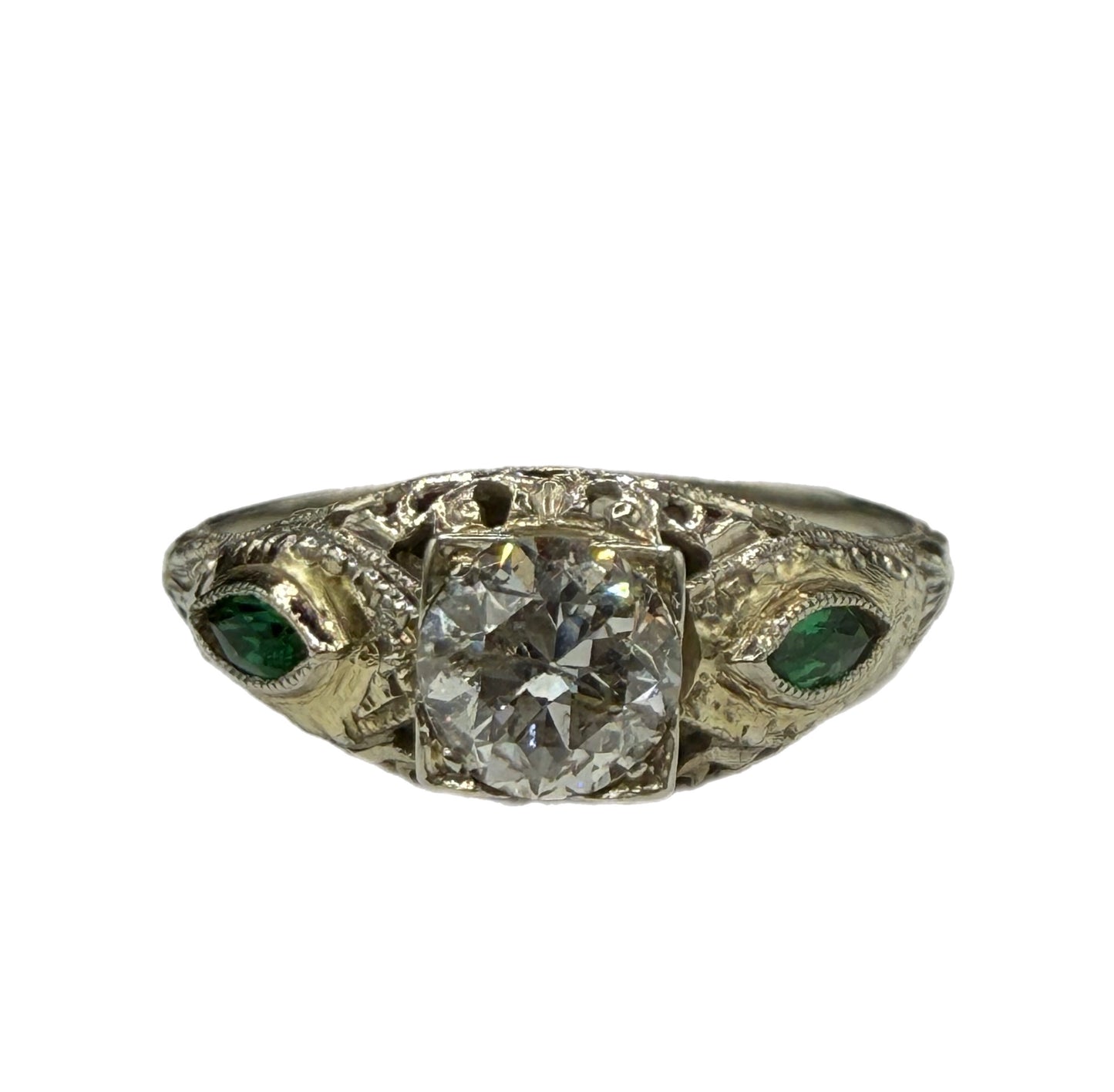 Antique Art Deco Diamond & Emerald Ring – 18k White Gold, Size 8.5 – Vintage 1920s Filigree