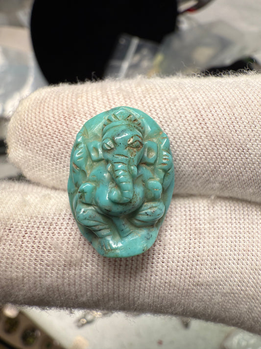 10.31 Carat Natural Turquoise Lord Ganesh Carving | Hand-Carved Gemstone | 20.35x15.53mm