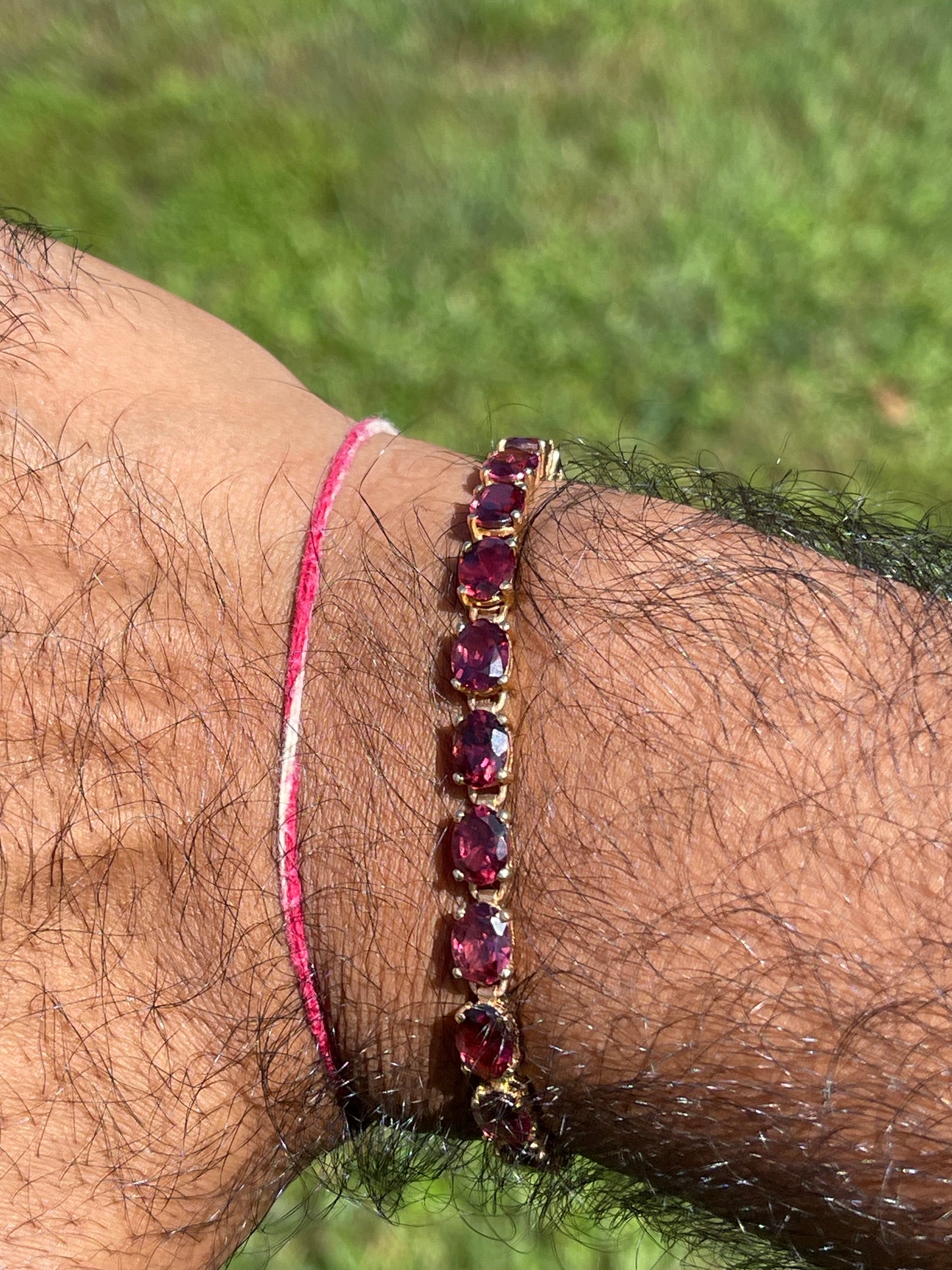 Natural Rhodolite Garnet 14k Yellow Gold Tennis Bracelet