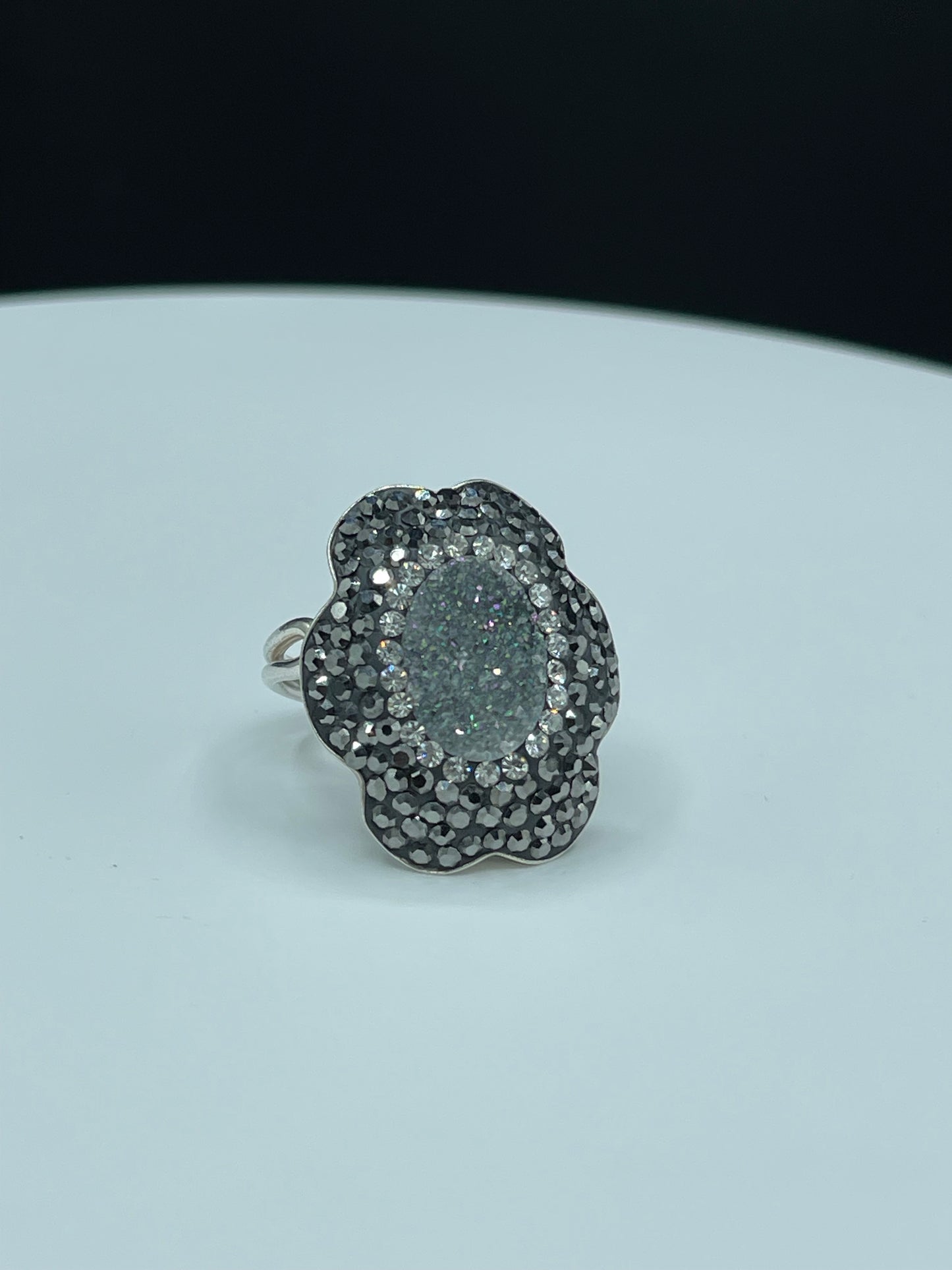 Natural Druzy Quartz & Swarovski Crystal Sterling Silver Adjustable Ring