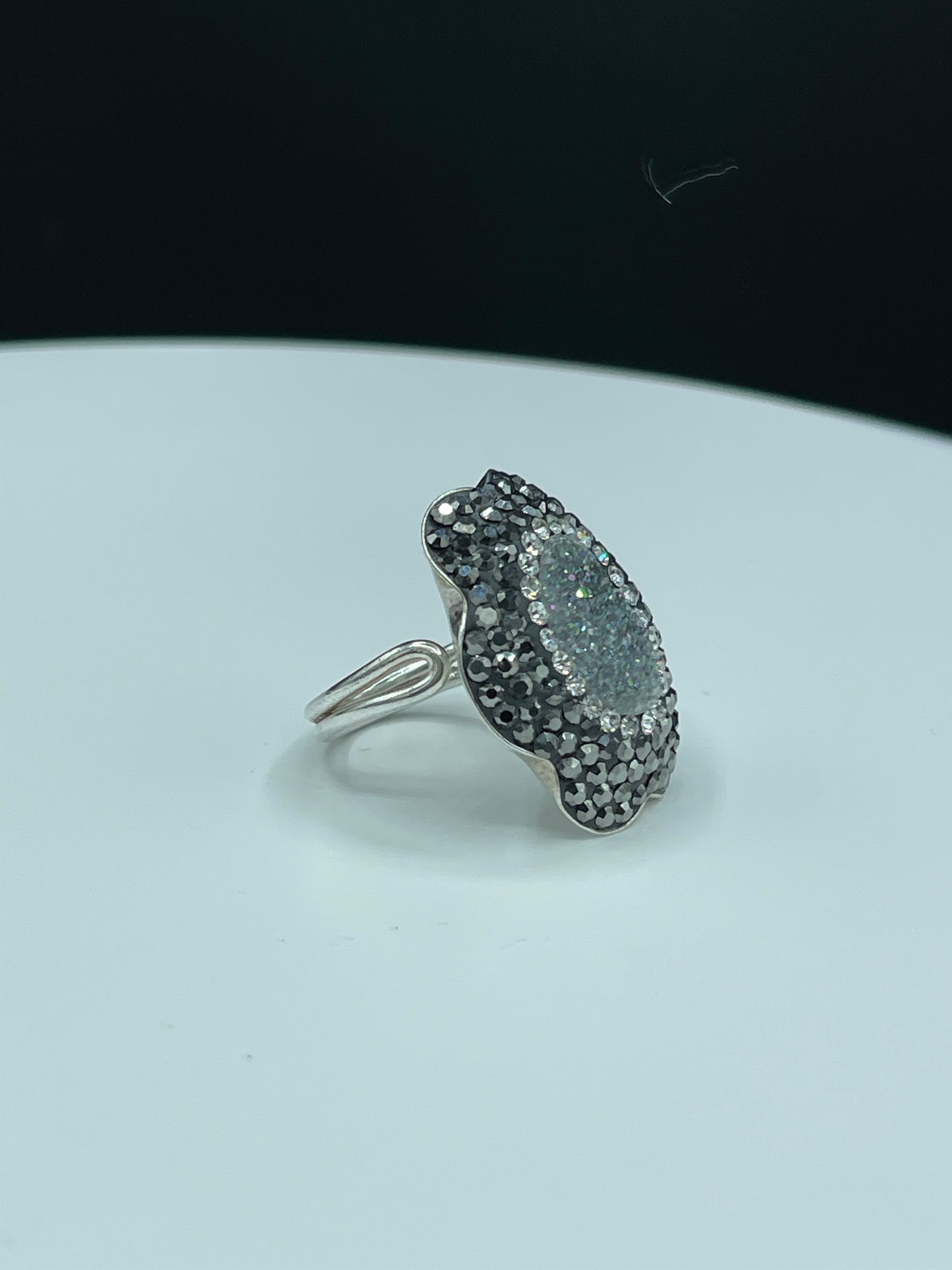 Natural Druzy Quartz & Swarovski Crystal Sterling Silver Adjustable Ring