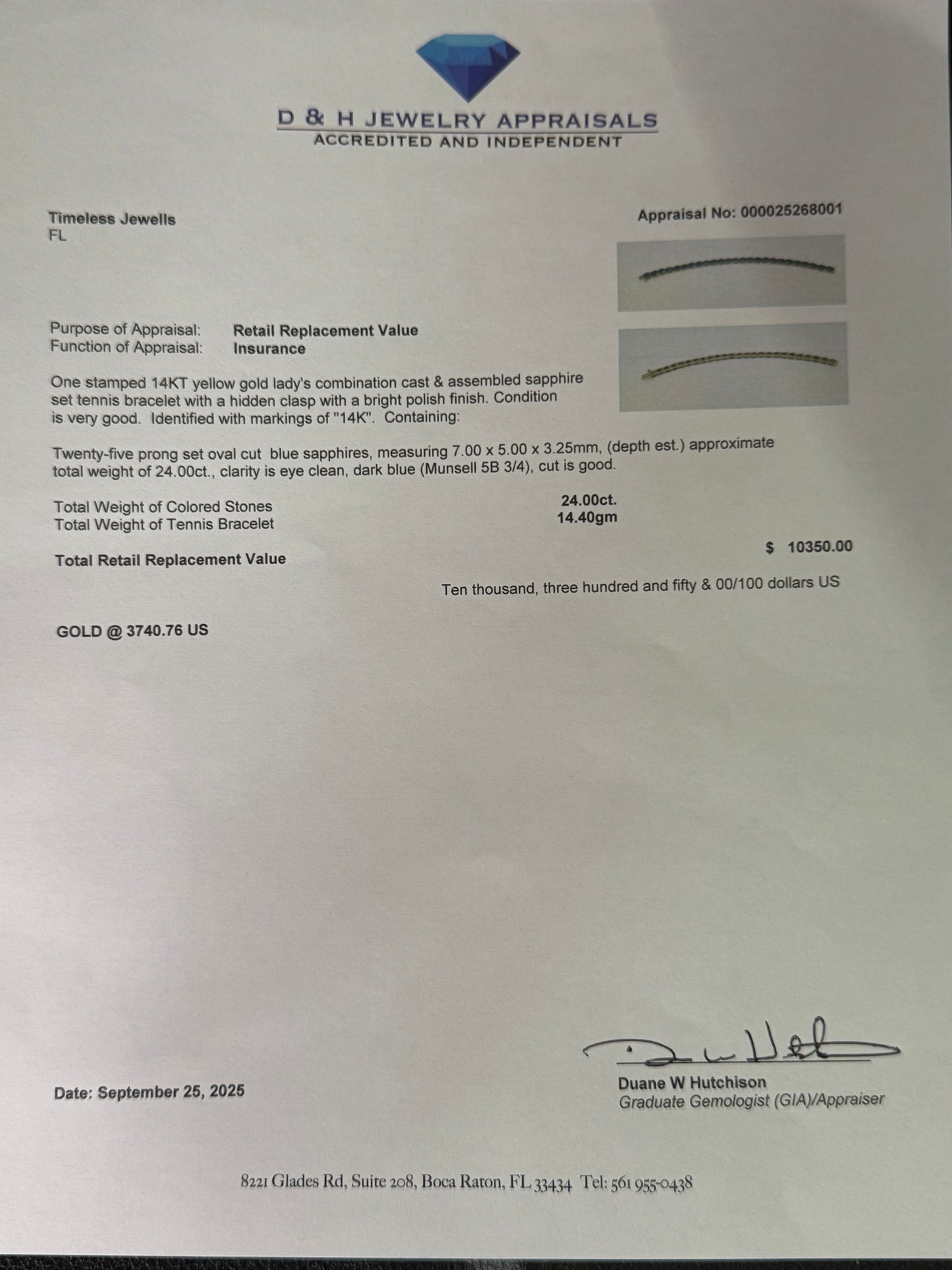 Natural Unheated Sapphire 14k Yellow Gold Tennis Bracelet | 7.25 inches | 24 Carats Of Sapphires