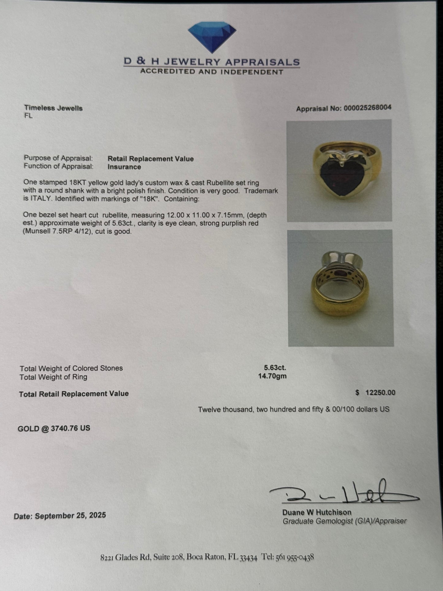 Natural Rubellite Tourmaline Heart 18k Yellow + White Gold Ring | 5.63 Carats | Size 7.25