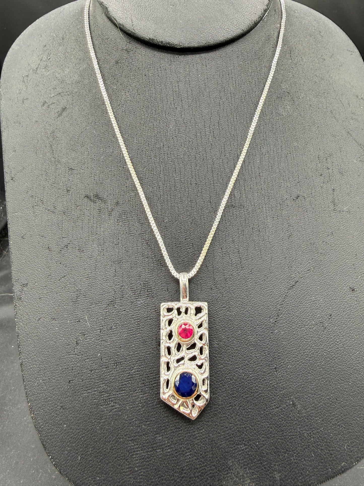 Natural Unheated Sapphire & Ruby Sterling Silver + 18k Gold Bezel Pendant Necklace | 16 inches