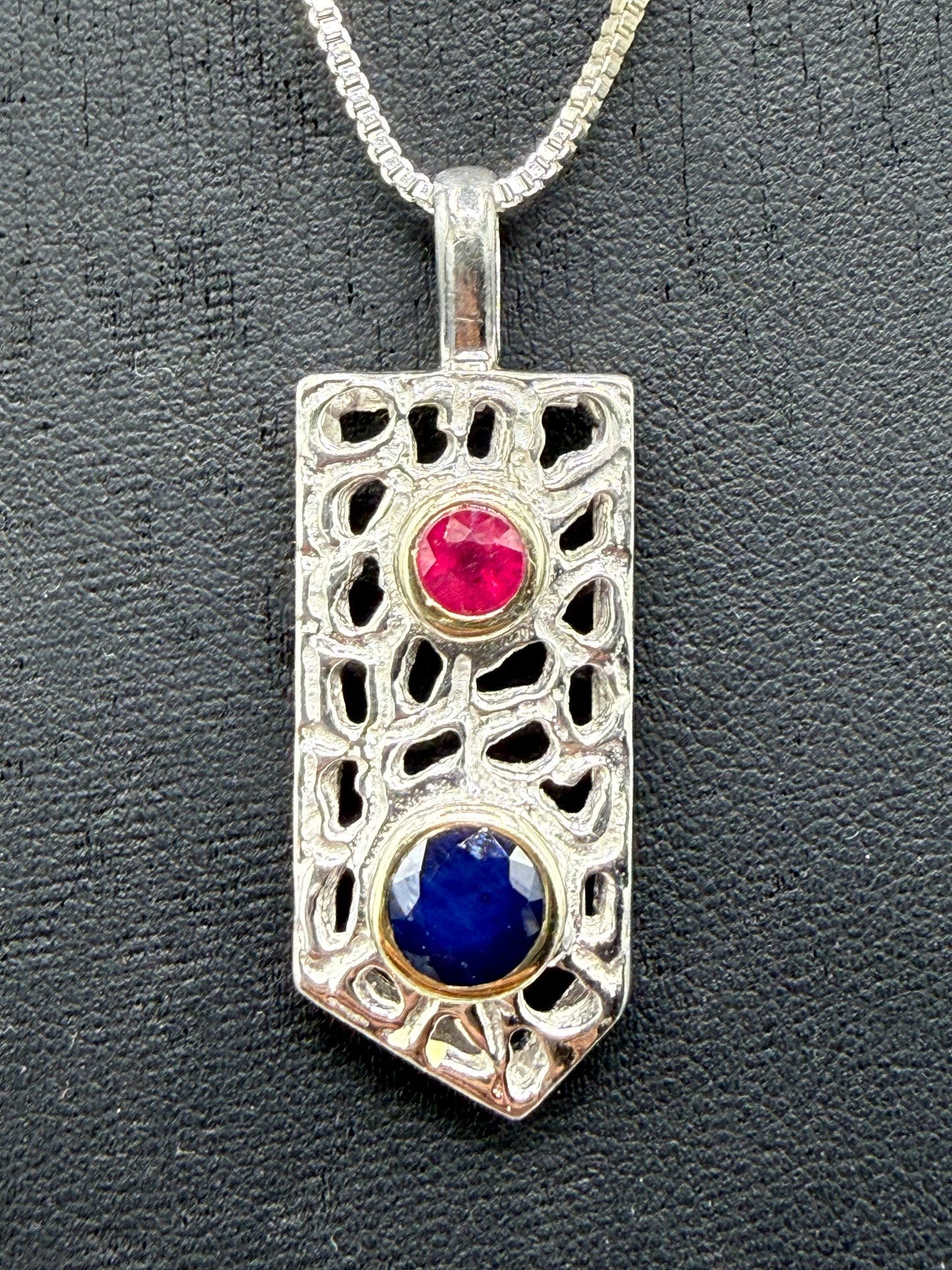 Natural Unheated Sapphire & Ruby Sterling Silver + 18k Gold Bezel Pendant Necklace | 16 inches