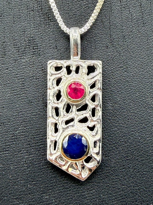 Natural Unheated Sapphire & Ruby Sterling Silver + 18k Gold Bezel Pendant Necklace | 16 inches