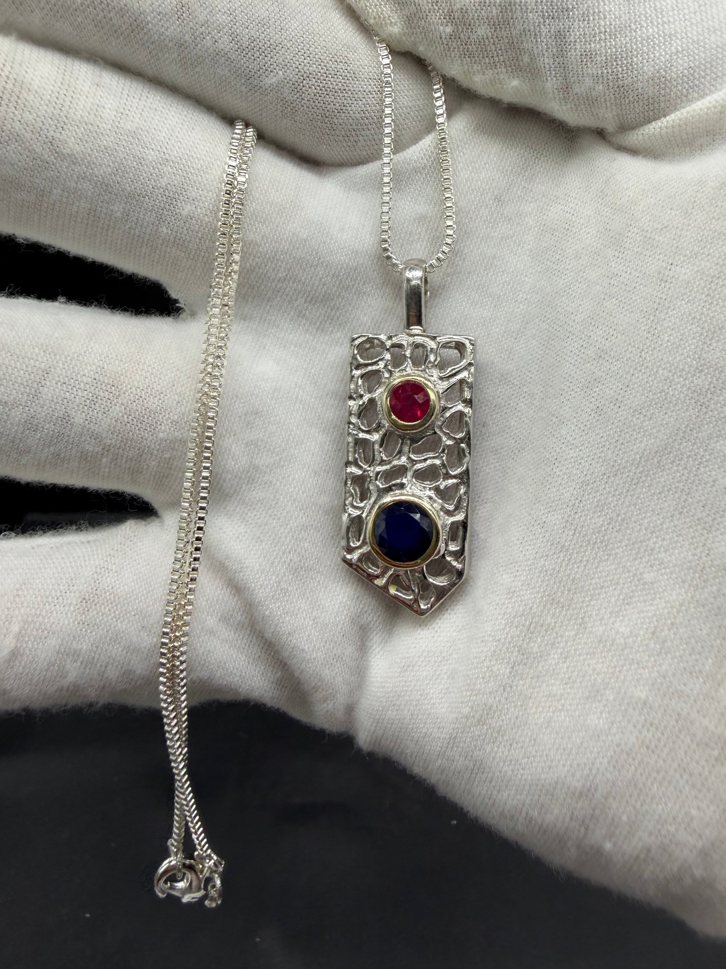 Natural Unheated Sapphire & Ruby Sterling Silver + 18k Gold Bezel Pendant Necklace | 16 inches