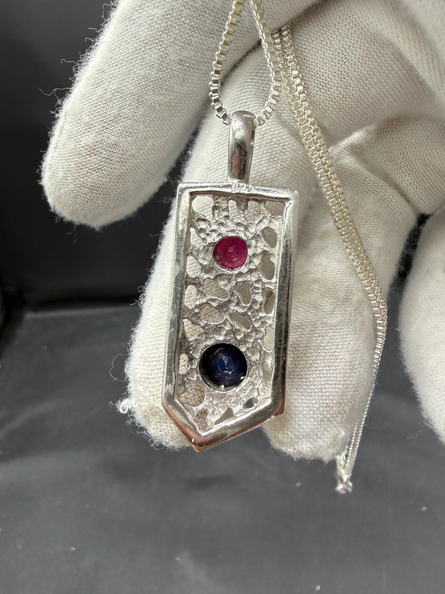 Natural Unheated Sapphire & Ruby Sterling Silver + 18k Gold Bezel Pendant Necklace | 16 inches