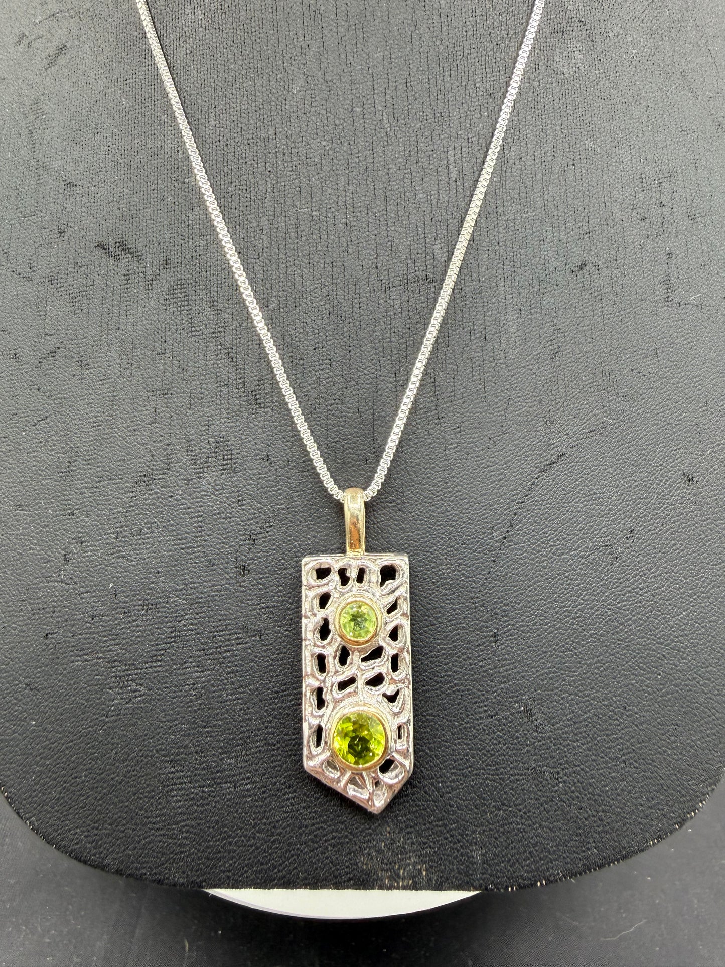 Natural Peridot Sterling Silver + 18k Gold Pendant & Sterling Silver Necklace | 16 Inches in Length