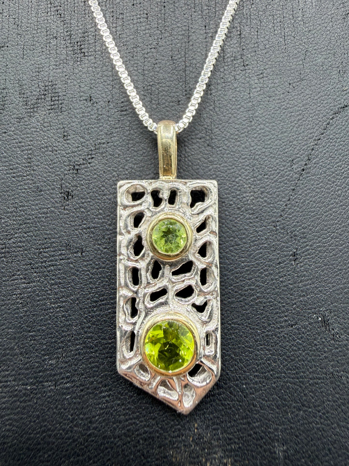 Natural Peridot Sterling Silver + 18k Gold Pendant & Sterling Silver Necklace | 16 Inches in Length