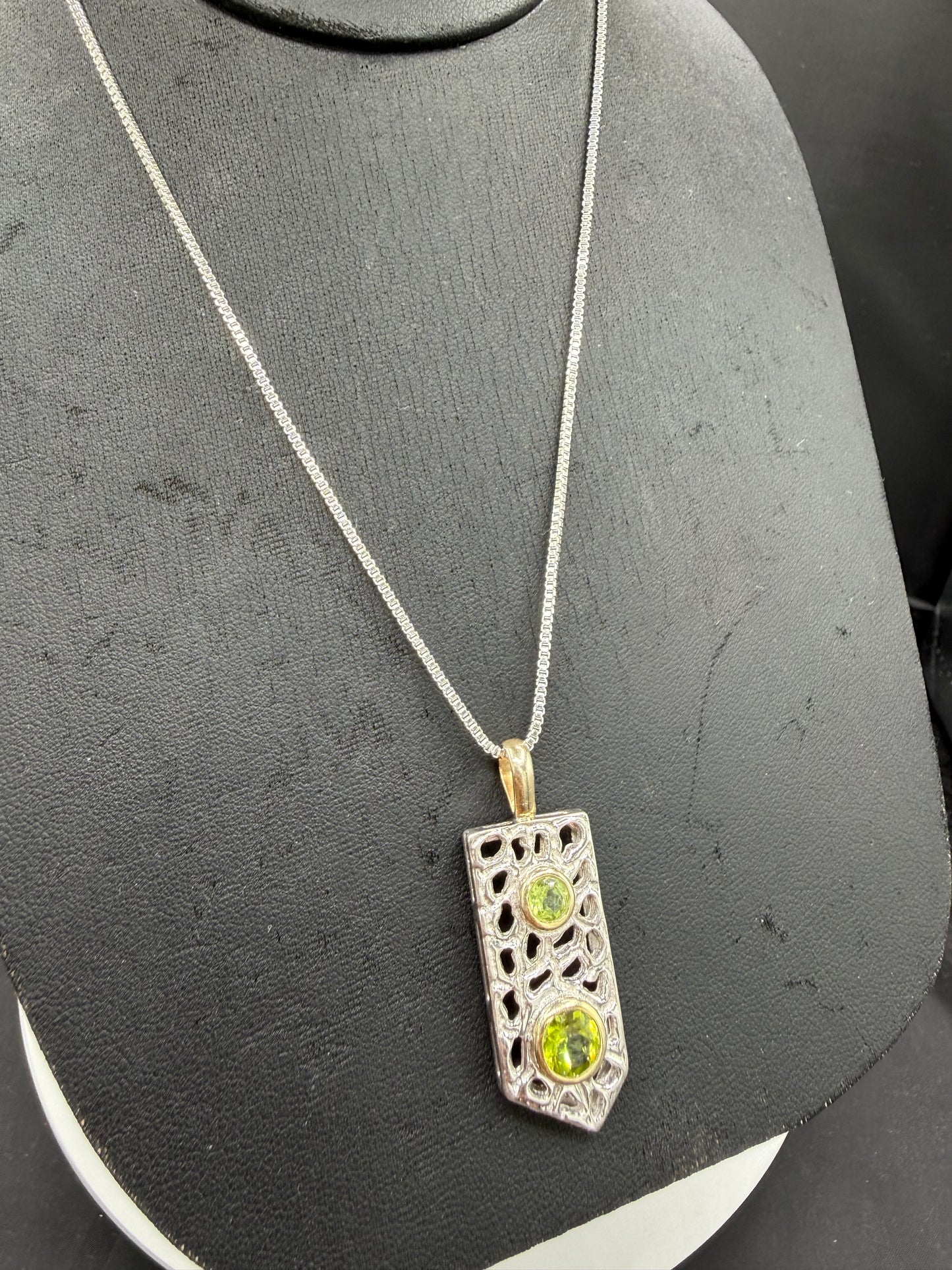 Natural Peridot Sterling Silver + 18k Gold Pendant & Sterling Silver Necklace | 16 Inches in Length