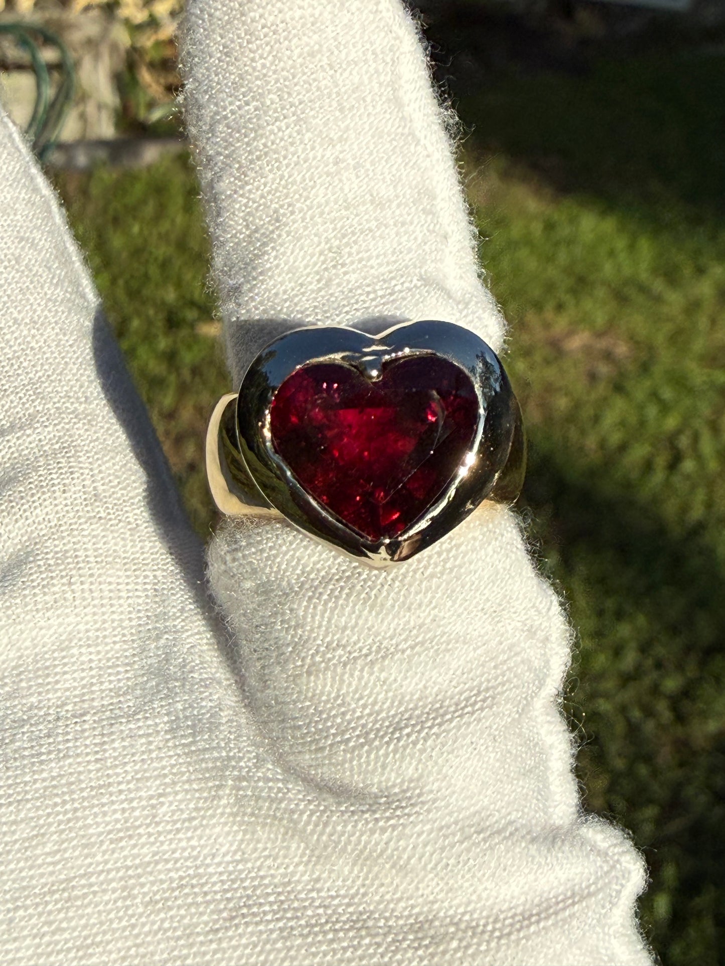 Natural Rubellite Tourmaline Heart 18k Yellow + White Gold Ring | 5.63 Carats | Size 7.25