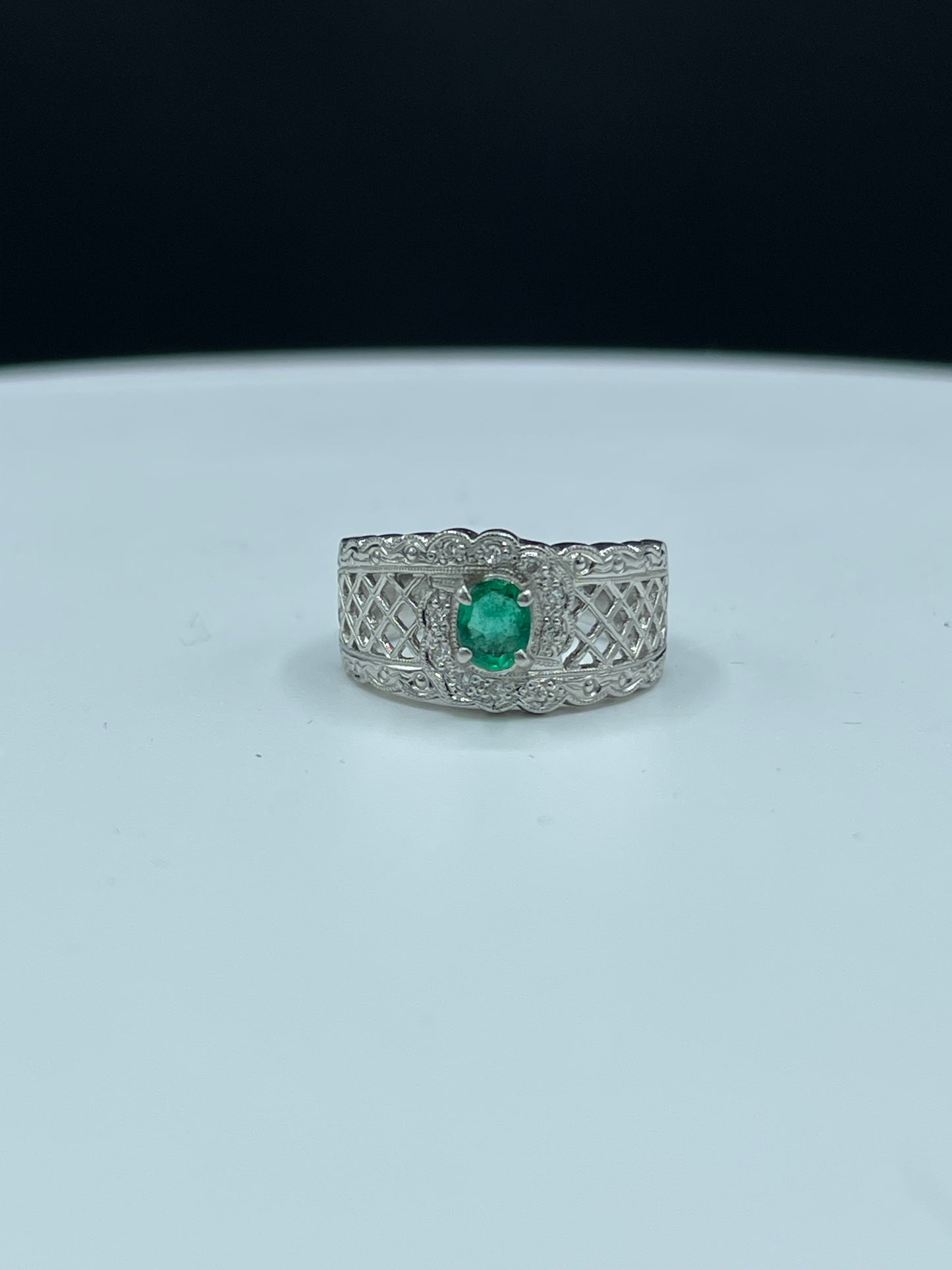 Natural Colombian Emerald & Diamond Platinum Ring (Size 6)