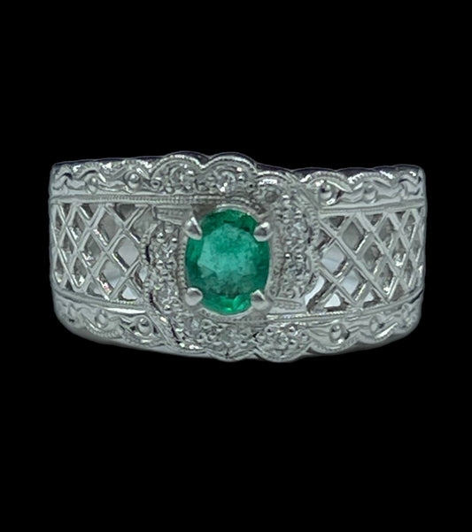 Natural Colombian Emerald & Diamond Platinum Ring (Size 6)