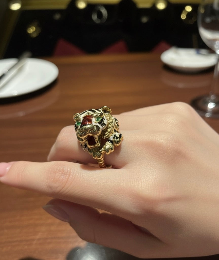 Vintage Hammerman Brothers 18K Gold Enamel Tiger Ring | Size 5