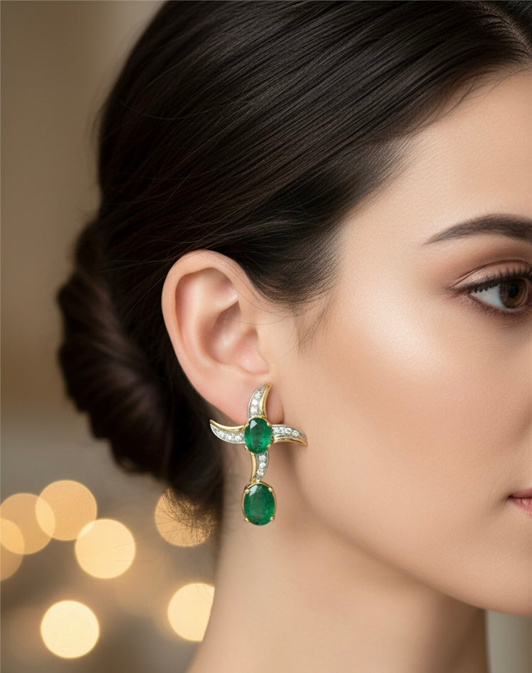 Custom 18K Yellow Gold Emerald & Diamond Earrings
