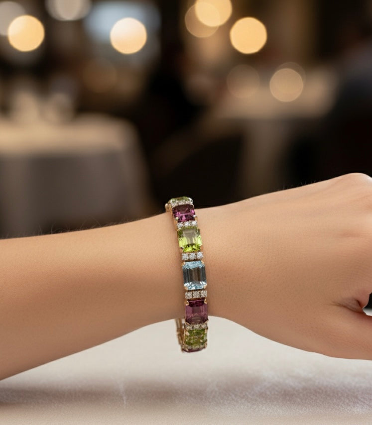 14K Gold Tourmaline Peridot Aquamarine Multi-Gemstone & Diamond Bracelet – 39.15ct