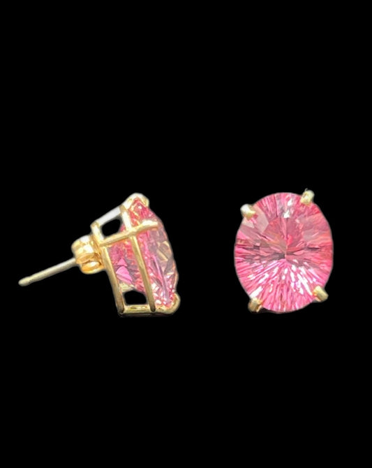 10 Carat Pink Mystic Topaz 14k Yellow Gold Stud Earrings