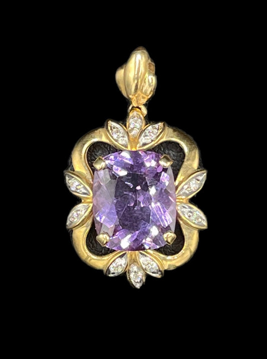 Natural Amethyst & Diamond 14k Yellow Gold Pendant