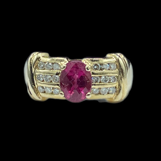 Natural Rubellite Tourmaline & Diamond 14k Yellow Gold Ring (Size 8.5)